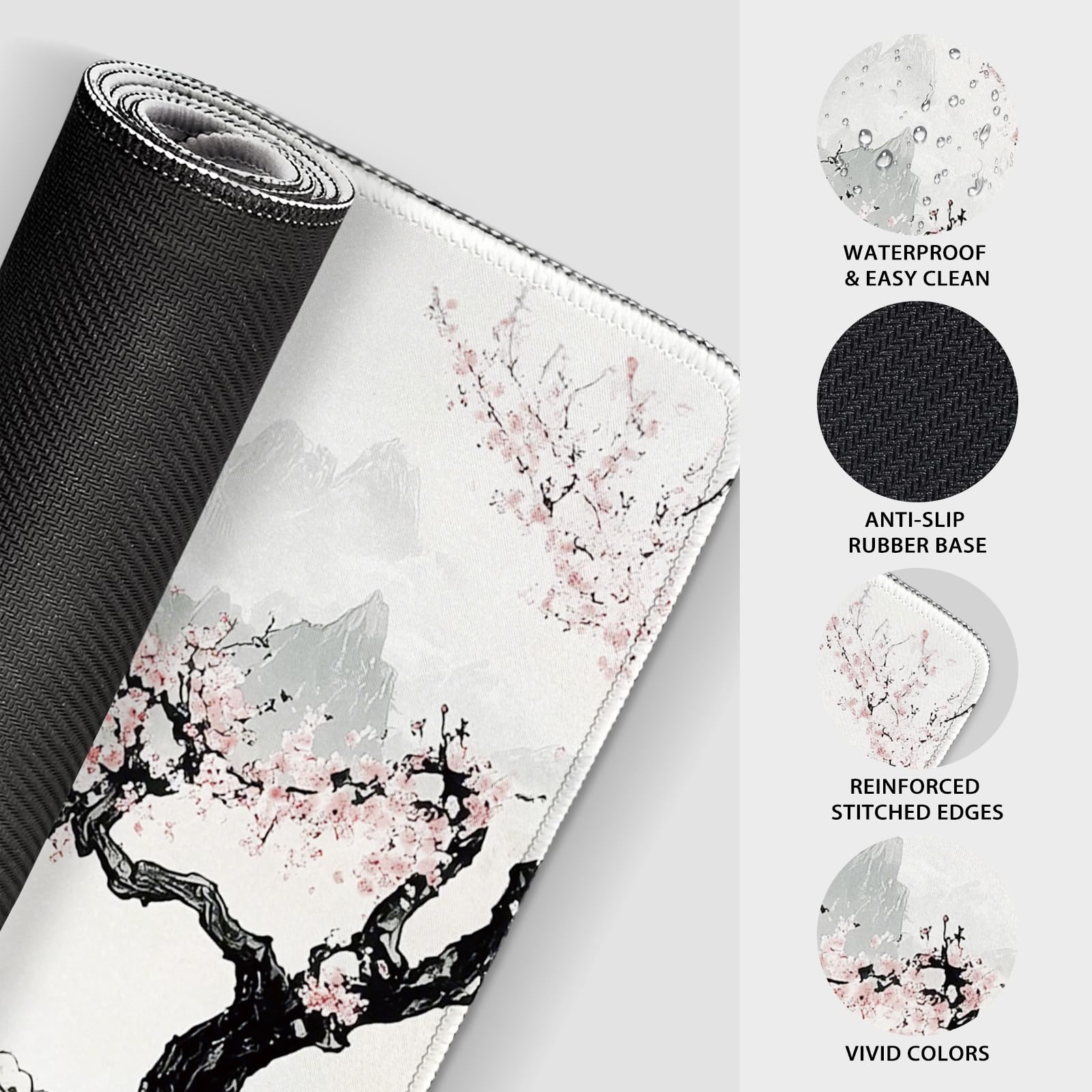 Mcapirivo Japanese B&W Cherry Blossoms Gaming Mouse Pad Desk Mat 31.5"x15.7