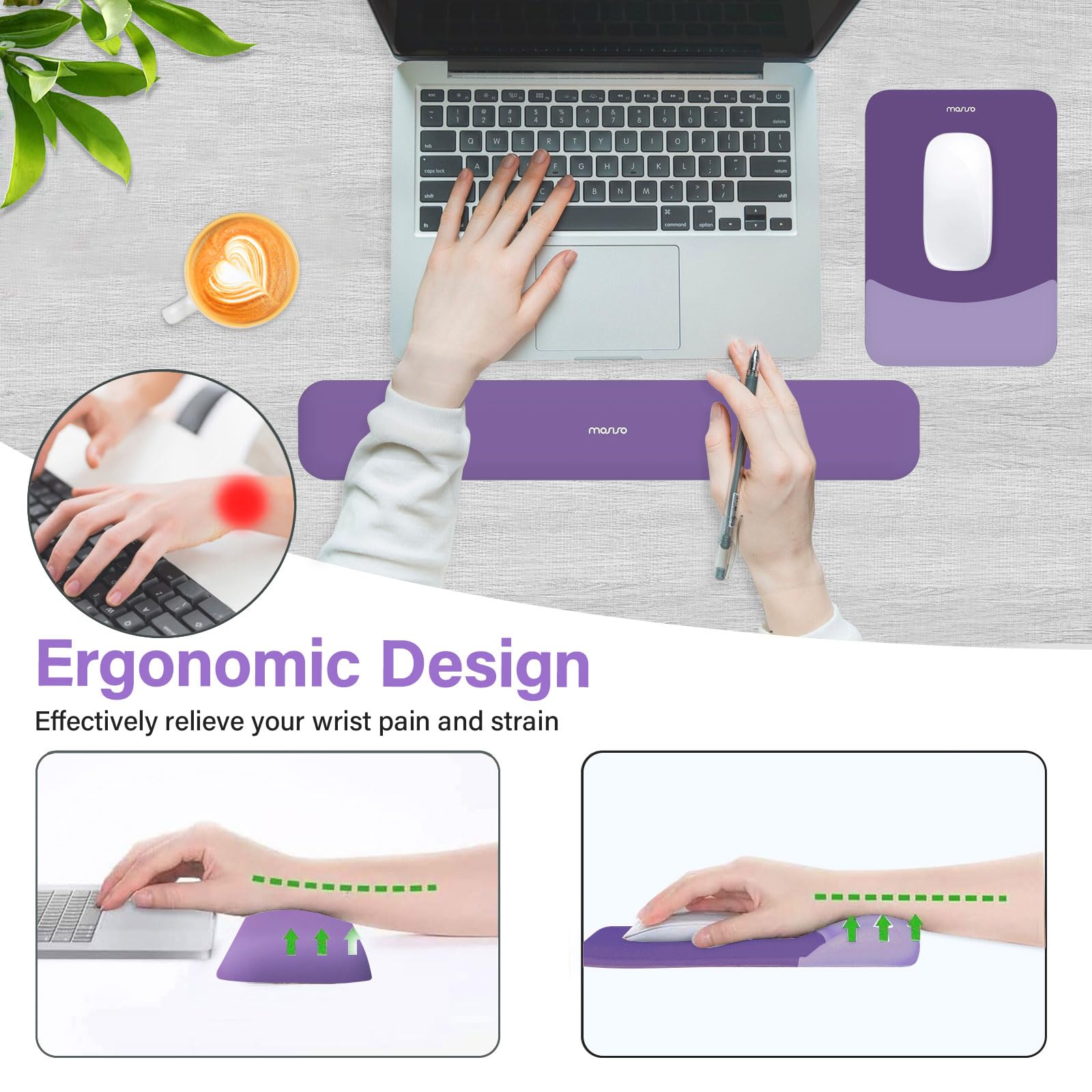 MOSISO Wrist Rest Support Mouse Pad & Keyboard Set, Imperial Purple