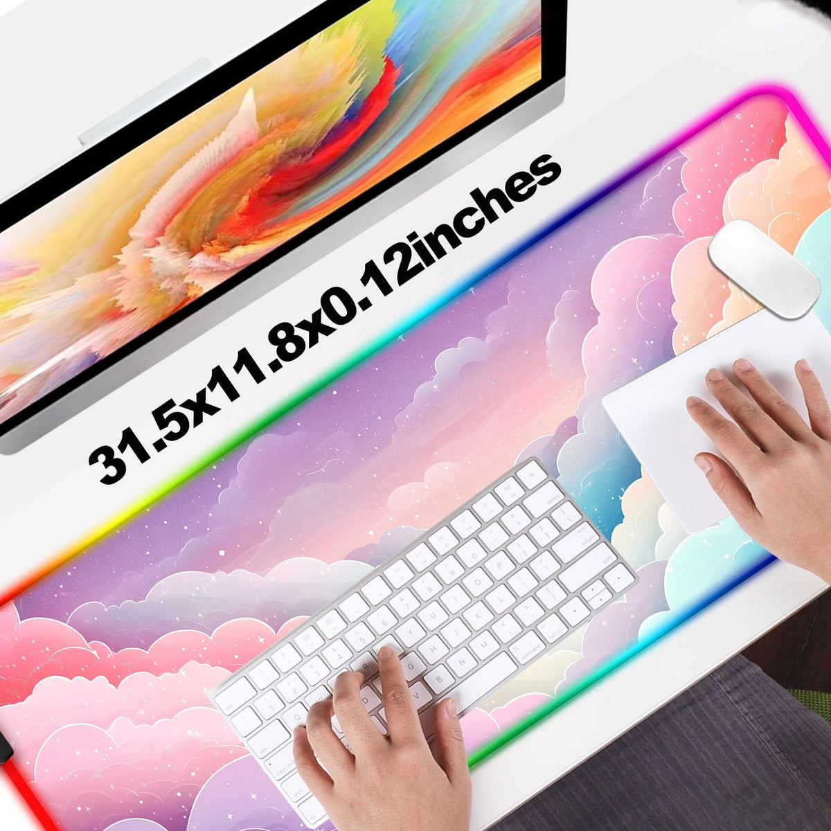 JIANG100 RGB Dreamy Colorful Cloud Star Gaming Desk Mat, XL Mouse Pad, Pink
