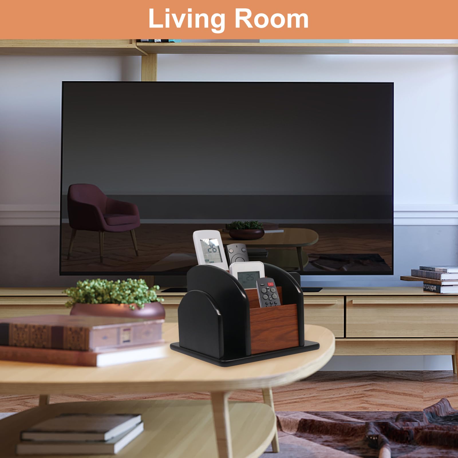 Coideal Remote Control Holder Caddy, 360° Rotating Coffee Table Organizer with 6 Compartments, Wood