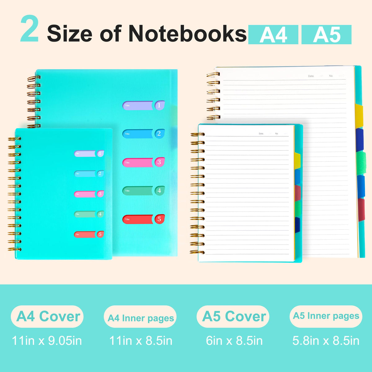 5 Subject Notebook College Ruled Spiral Notebook 5x7 with Removable Divider