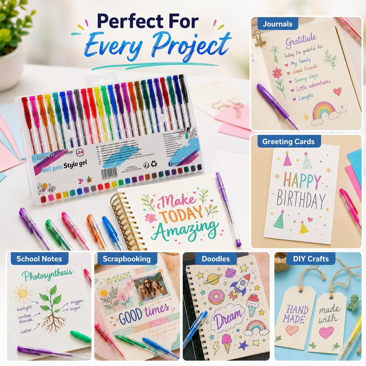Exerz Gel Pen Set 24pcs Rainbow Colour Arts and Crafts -Fine Ink Ballpoint Pens, Vibrant Colour