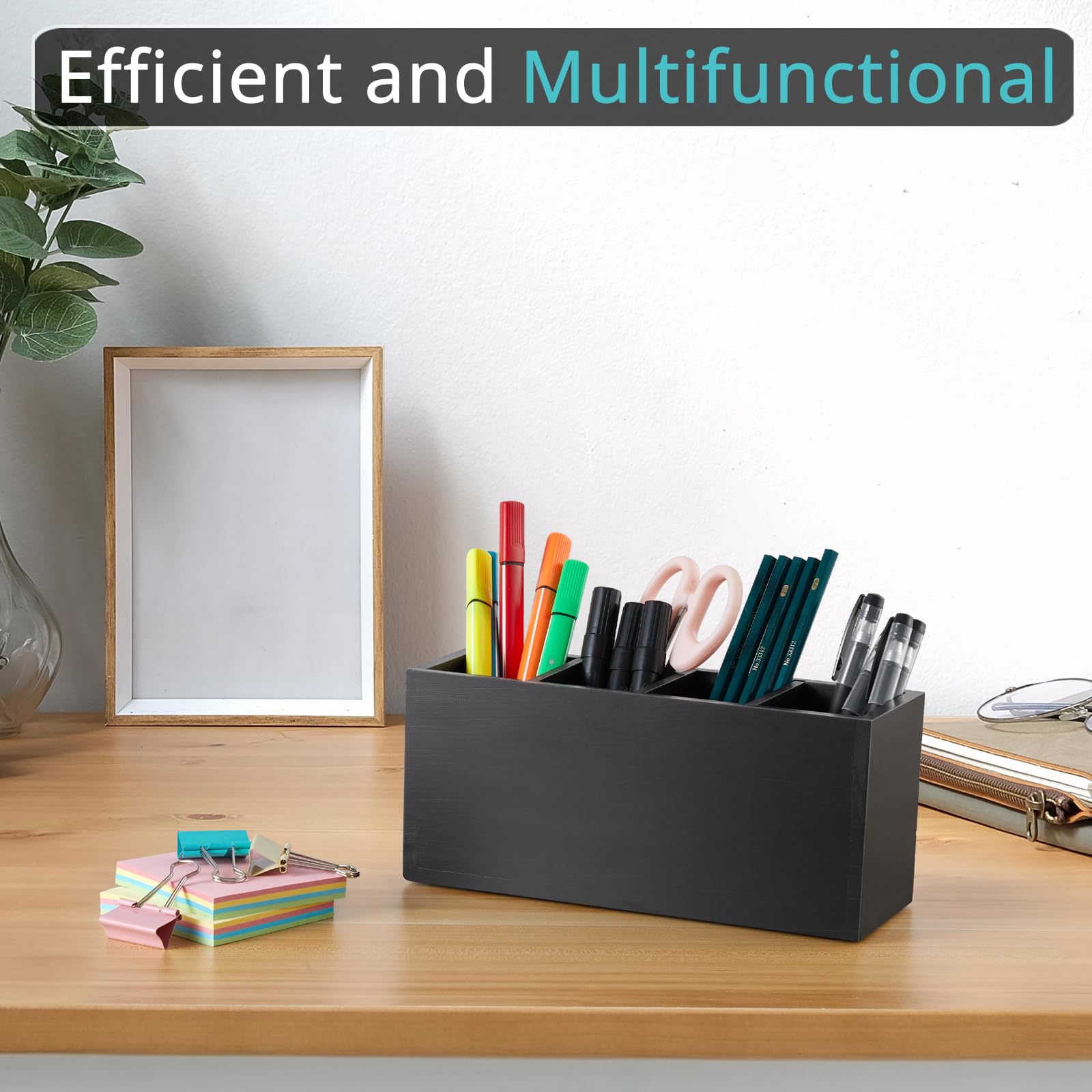 Bivvclaz Pencil Pen Holder for Desk, Wooden Office Desk Organizers and Accessories with 4 Slots for