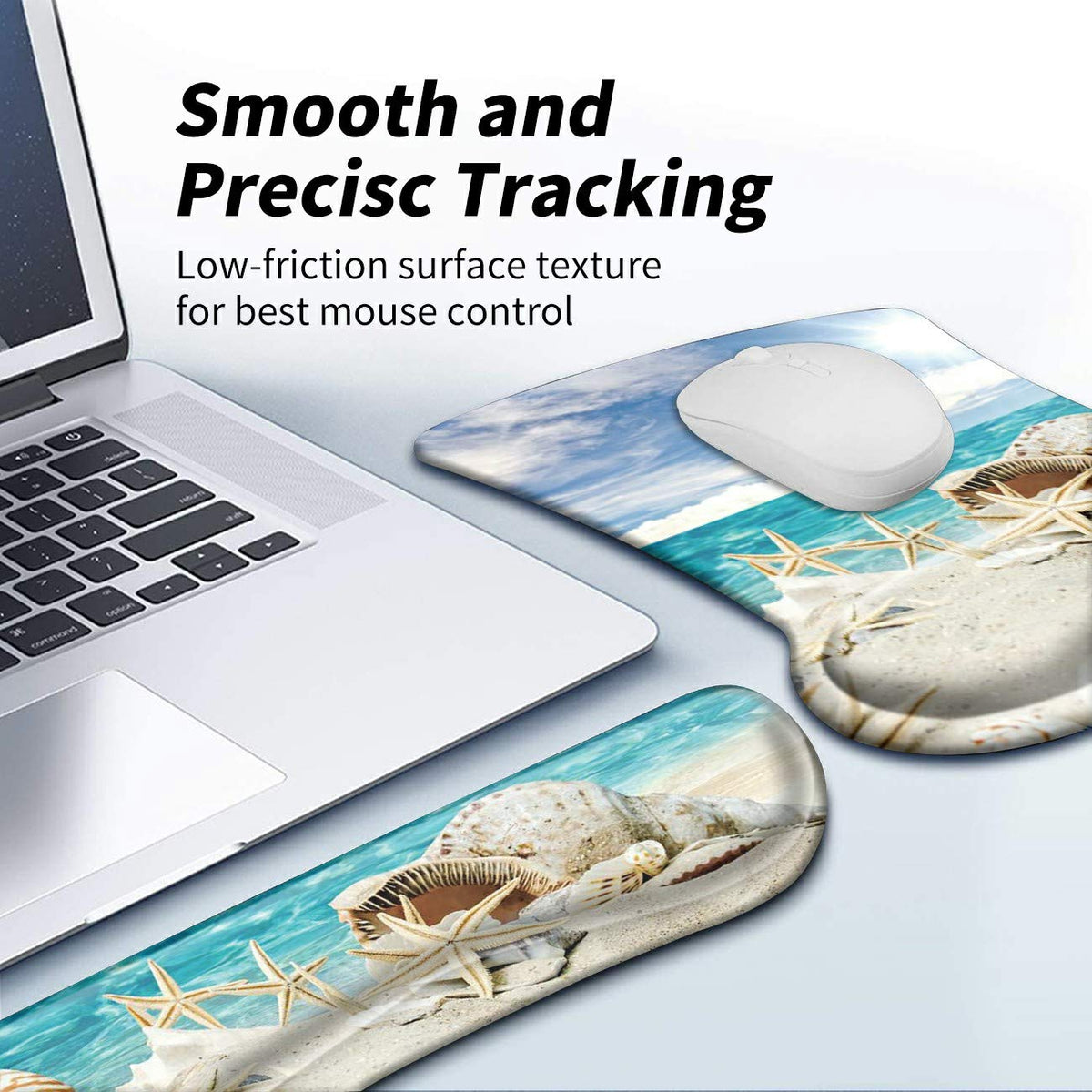 BEOTIWAD Memory Foam Mouse Pad Wrist Rest Set,Seashells Beach