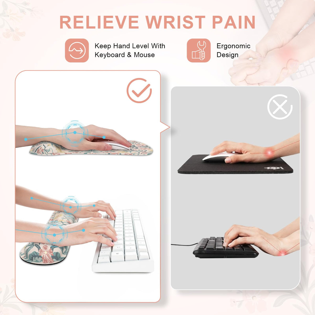 iCasso Ergonomic Mouse Pad, Keyboard Wrist Rest, Memory Foam Mousepad with Wrist Support, Easy