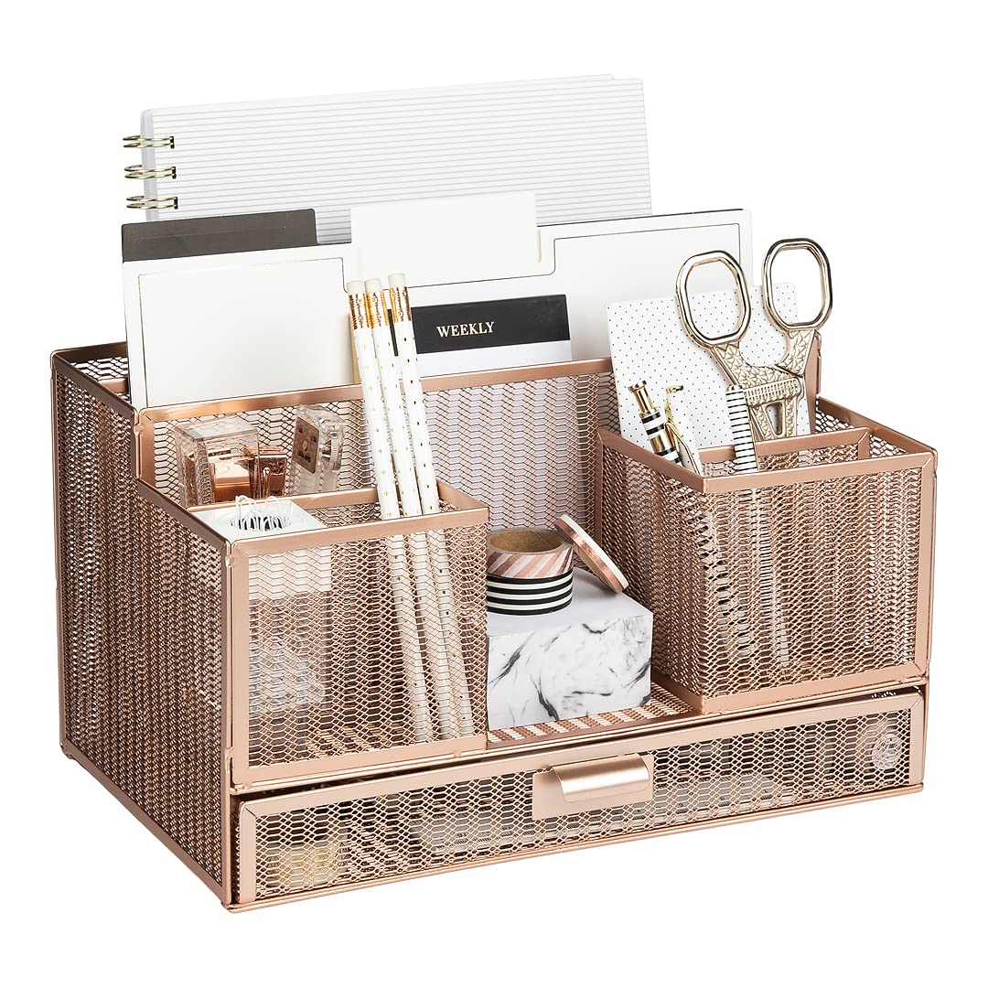 BLU MONACO | Rose Gold Desk Organizer with Sticky Note & File Holder | Metal Mesh Desktop Organizer