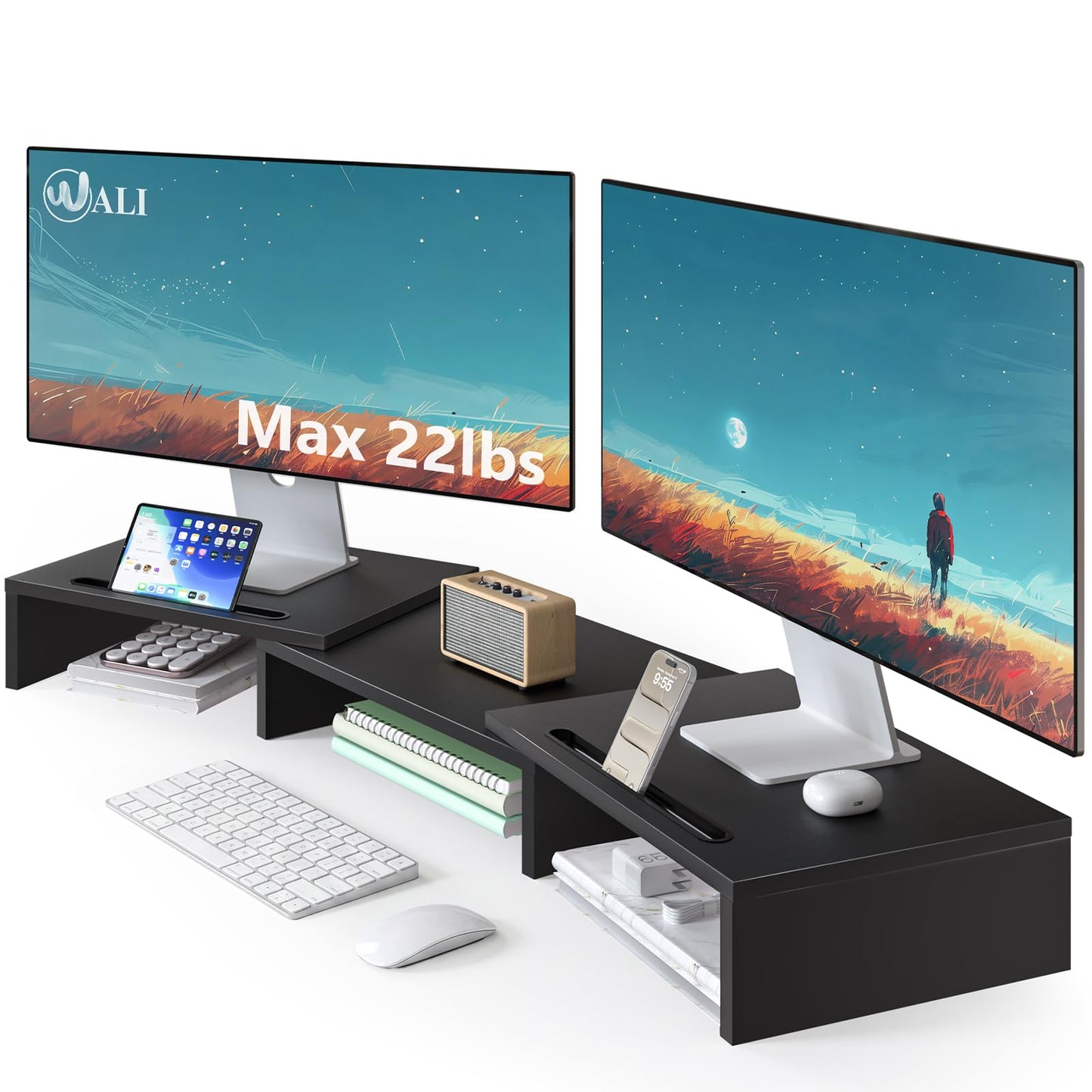 WALI Extra Long Wooden Dual Monitor Stand Riser with 2 Slots, up to 22lbs
