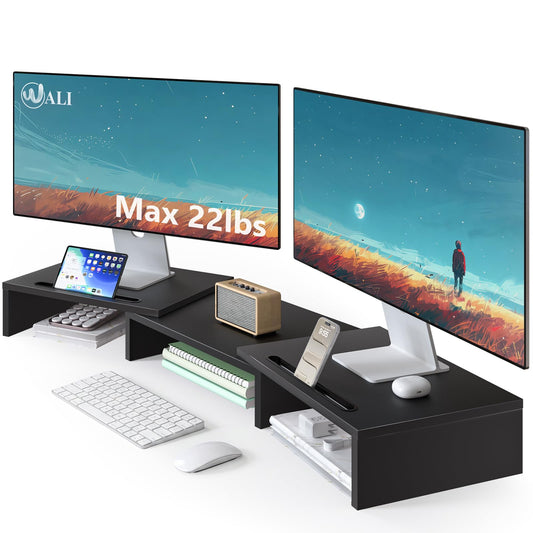 WALI Extra Long Wooden Dual Monitor Stand Riser with 2 Slots, up to 22lbs