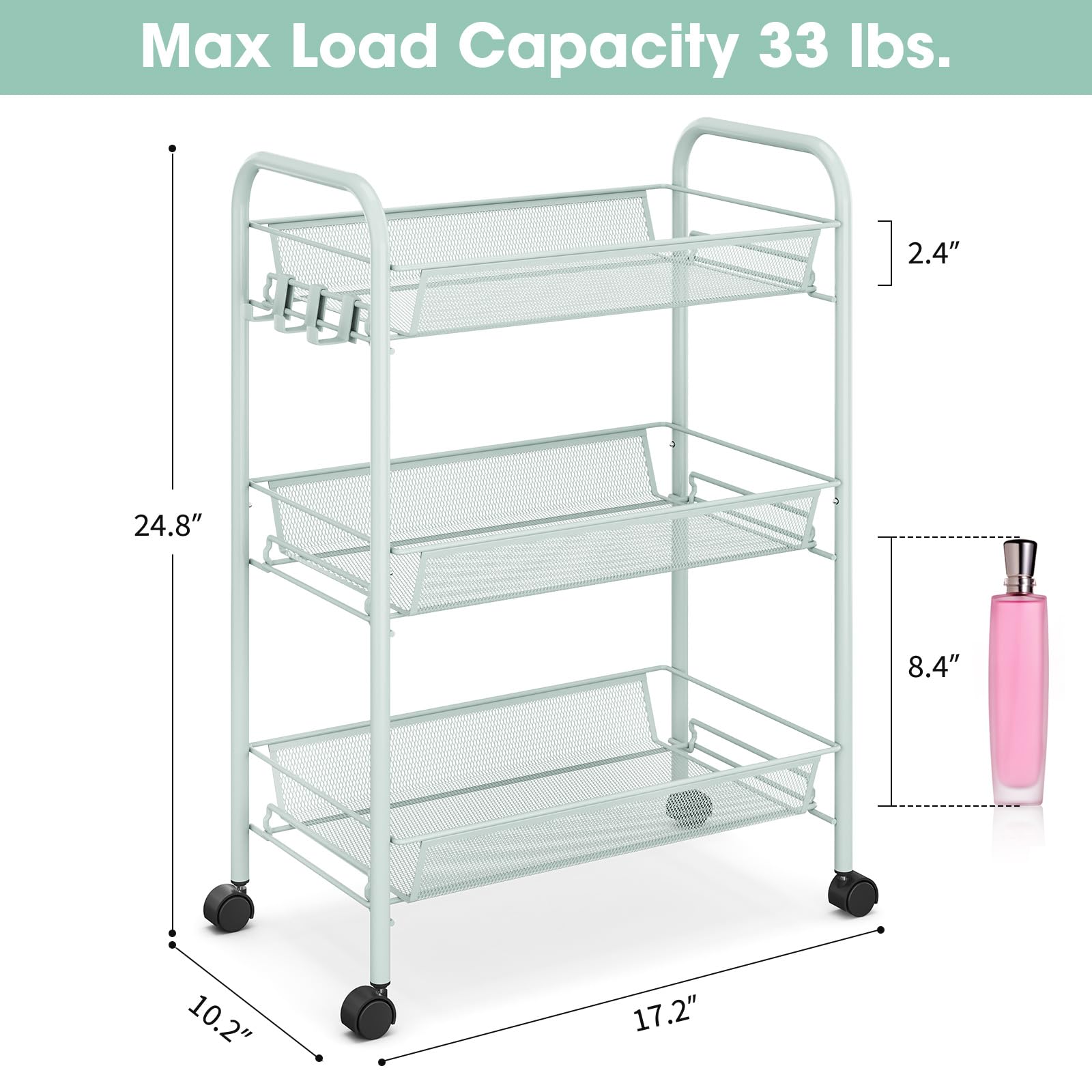 TOOLF 3 Tier Rolling Cart, Metal Utility Storage Cart with Wheels, Green