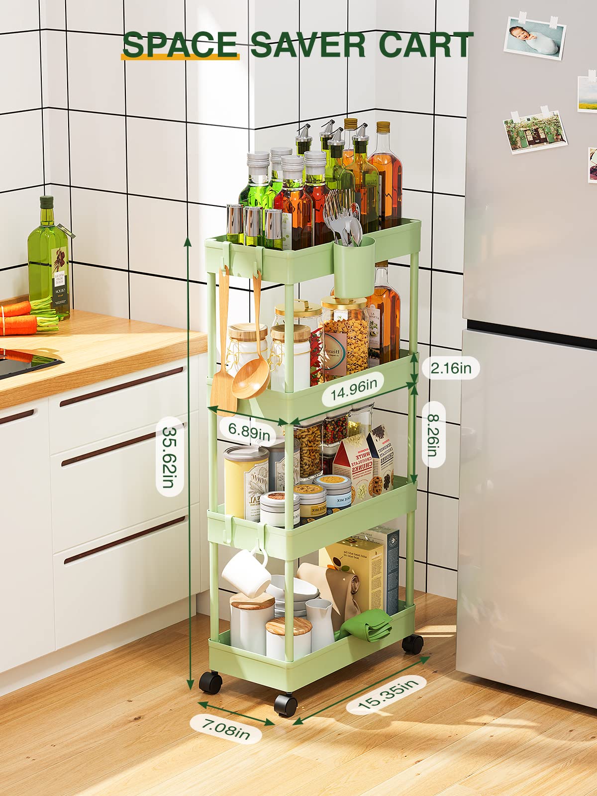 LEHOM Slim Rolling Storage Cart - 4 Tiers Bathroom Organizer Utility Cart