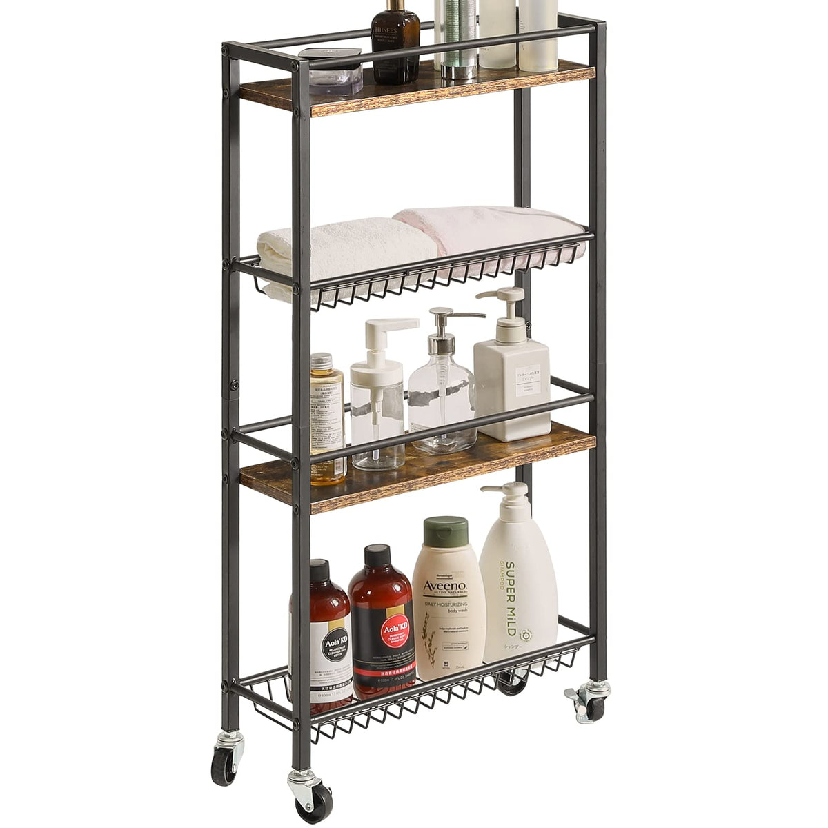 YMYNY Kitchen Storage Rolling Cart 4 Tier on Wheels Rustic Brown HBR002H