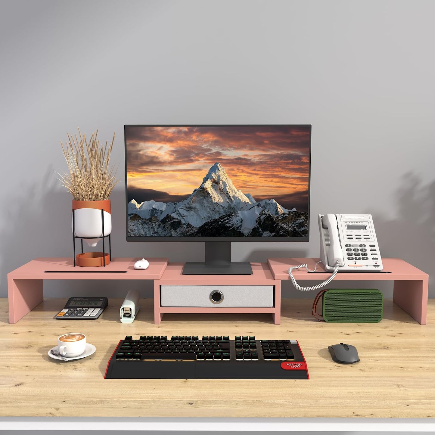 WESTREE Dual 3 Shelf Computer Riser with Drawer, Adjustable Length and Angle, Desktop 2 Monitor