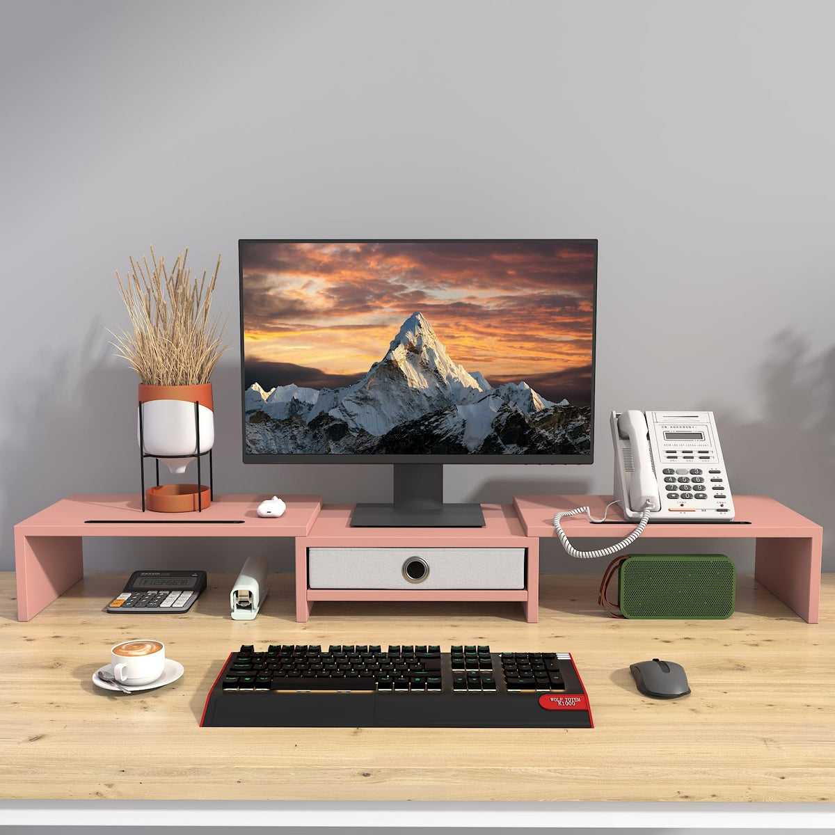 WESTREE Dual 3 Shelf Computer Riser with Drawer, Adjustable Length and Angle, Desktop 2 Monitor