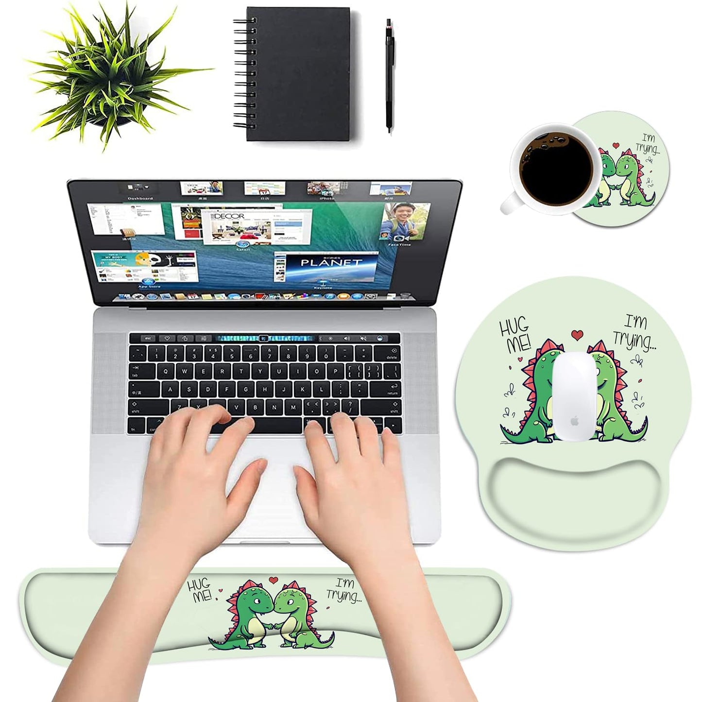 Keyboard and Mouse Wrist Rest Pad Set with Coasters, Ergonomic Support, Non-Slip PU Base, Easy