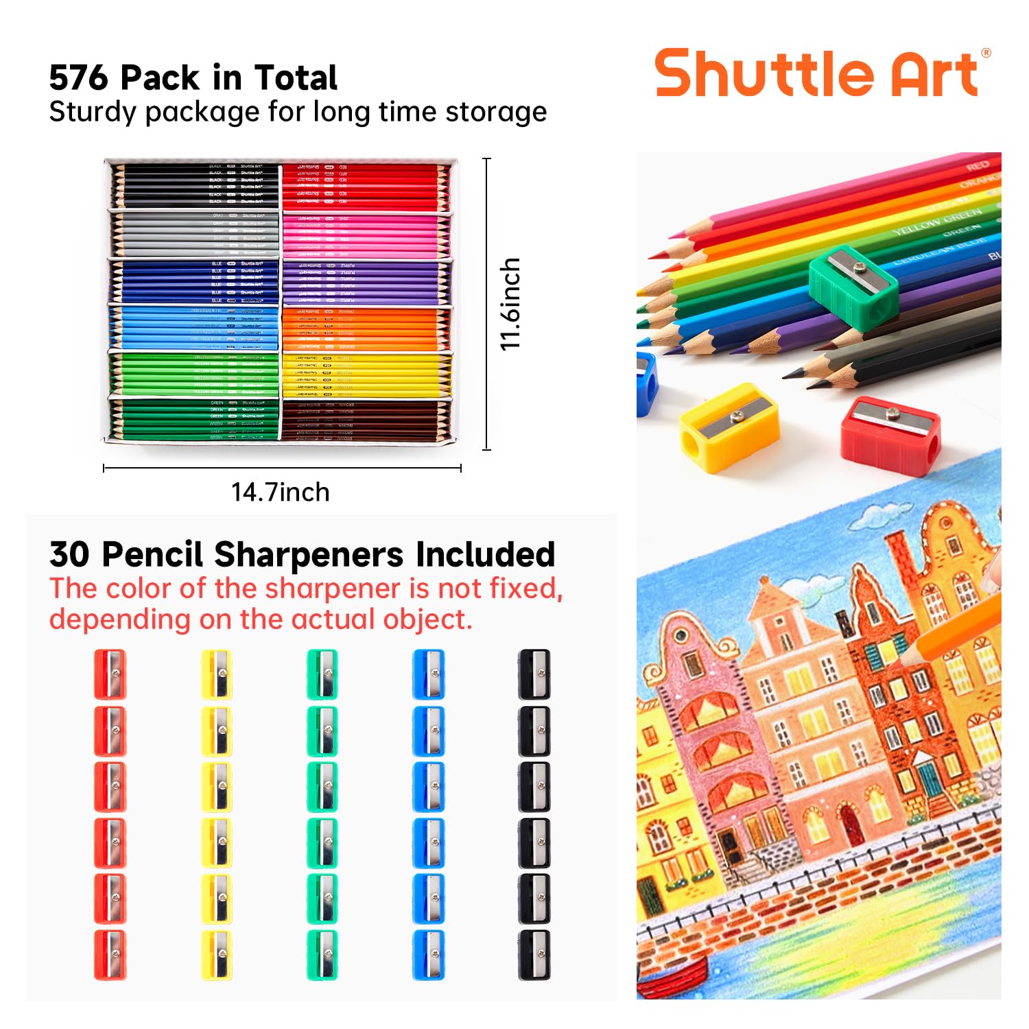 Shuttle Art 576 PCS Colored Pencils Bulk, 12 Colors, Pre-sharpened for Kids