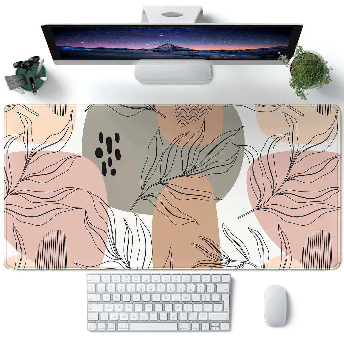Boho Abstract Large Mouse Pad, Brown Grey Pink Aesthetic XL Mouse Pad, Gaming Mousepad XXL Long