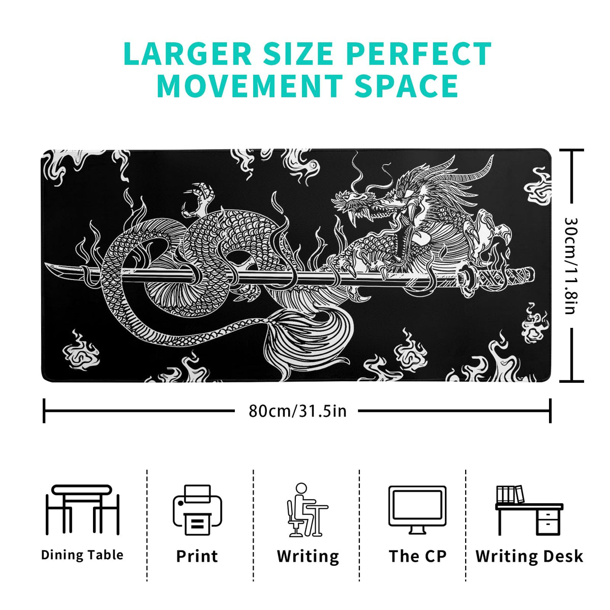 Dragon Gaming Mouse Pad - Black, Large (31.5x11.8 Inch), Non-Slip Base, Stitched Edge for Gaming &