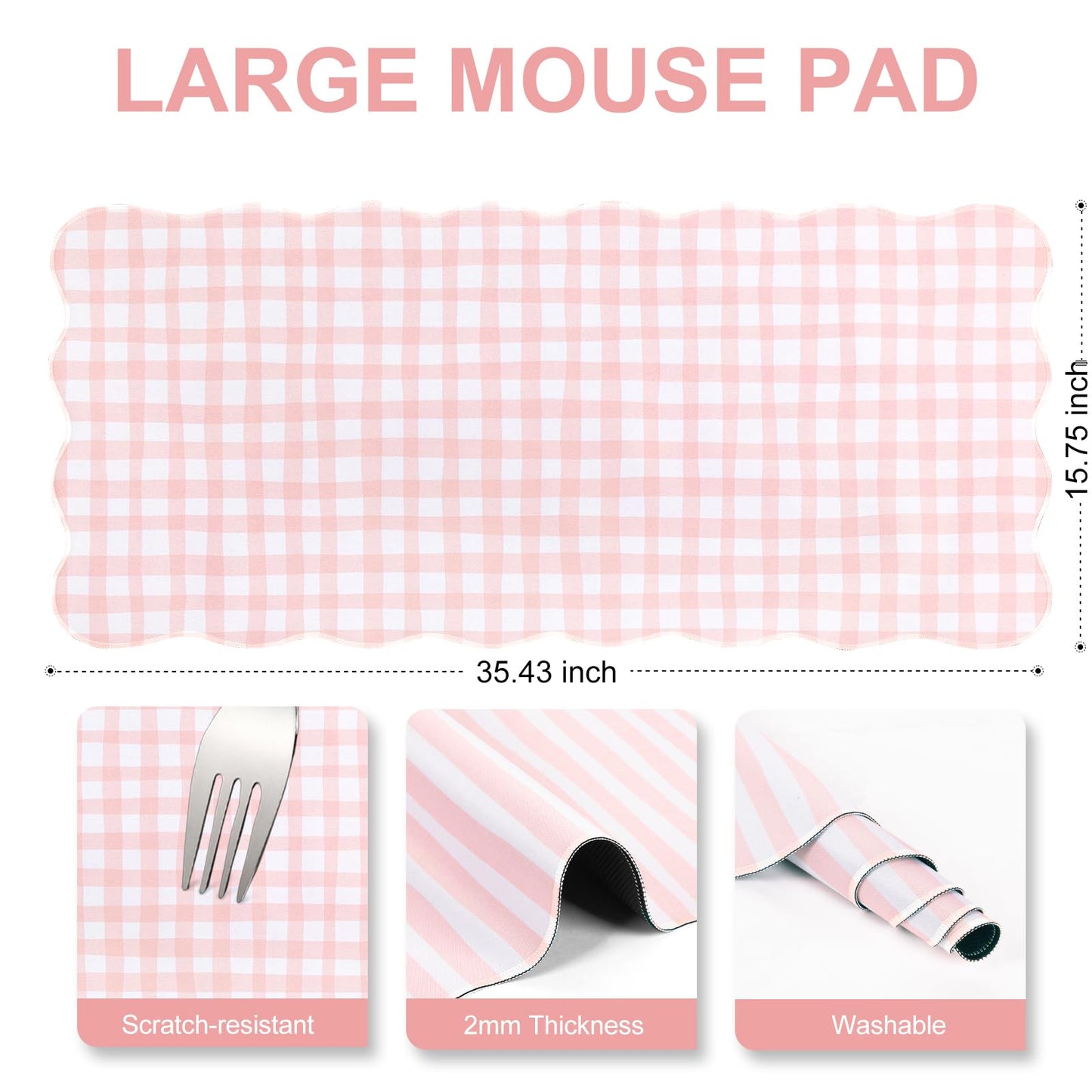 L-SPOUTTO Pink Checkered Mouse Pad,Cottagecore Scalloped Desk Mat XXL Large Cute Pastel Gaming