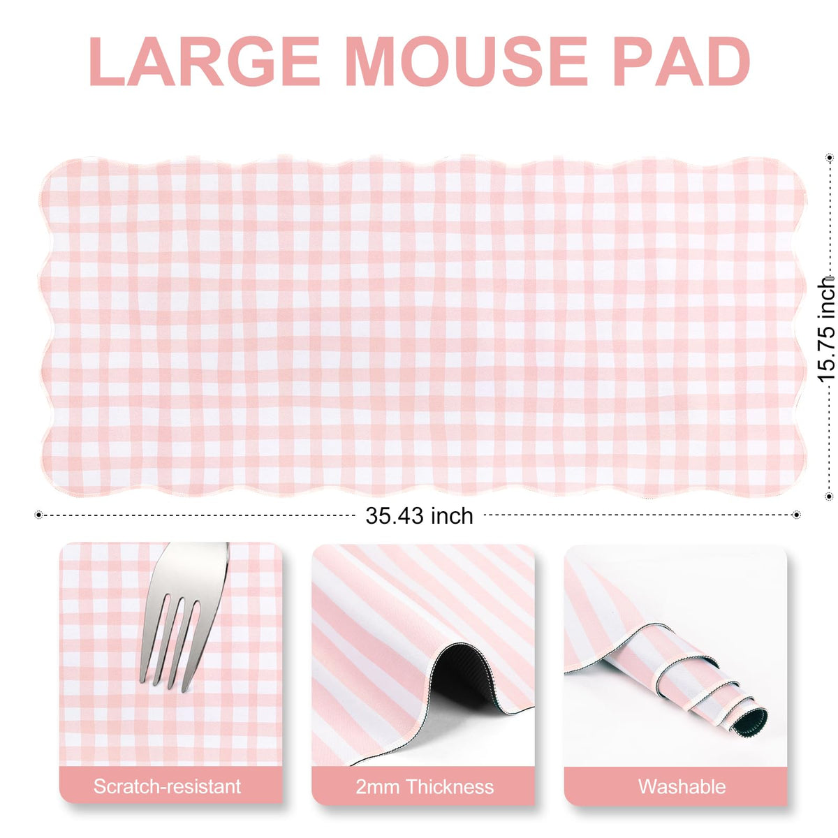 L-SPOUTTO Pink Checkered Mouse Pad,Cottagecore Scalloped Desk Mat XXL Large Cute Pastel Gaming