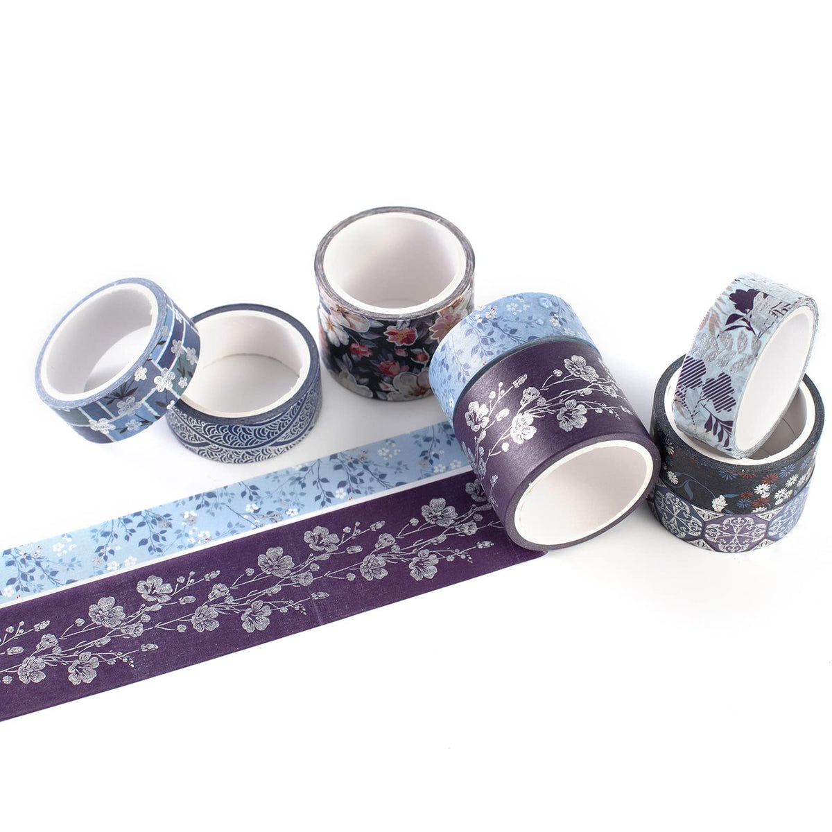 YUBX Elegance Blue Washi Tape Set 8 Rolls Wide Silver Embellishment Decorative Masking Tapes for