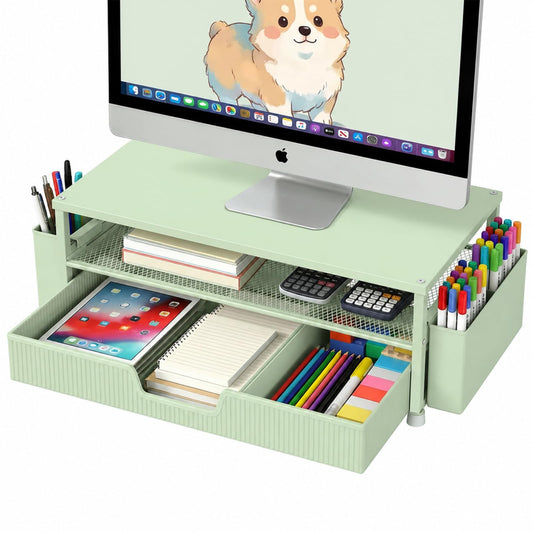 ECOLOVI Desk Organizer and Accessories, 2-Tier Computer Monitor Stand Rise with Storage Drawer & 2