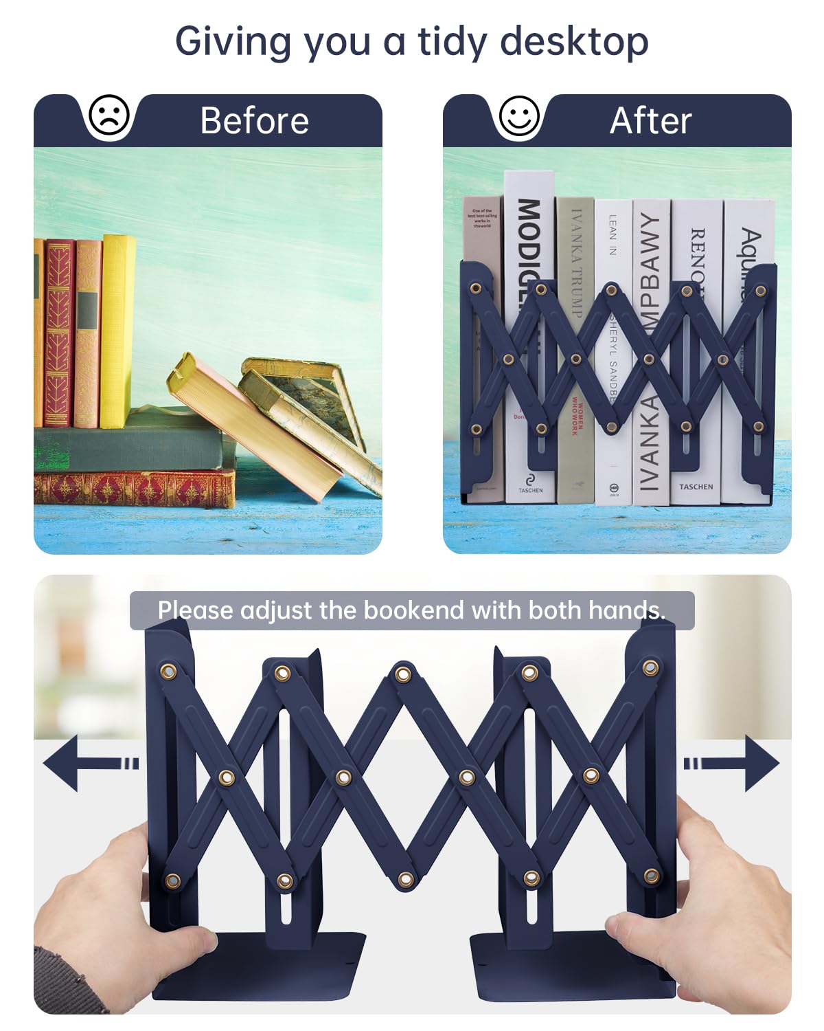 Honagu Adjustable Bookends, Metal Book Ends for Shelves Heavy Book, Desk Magazine File Organizer