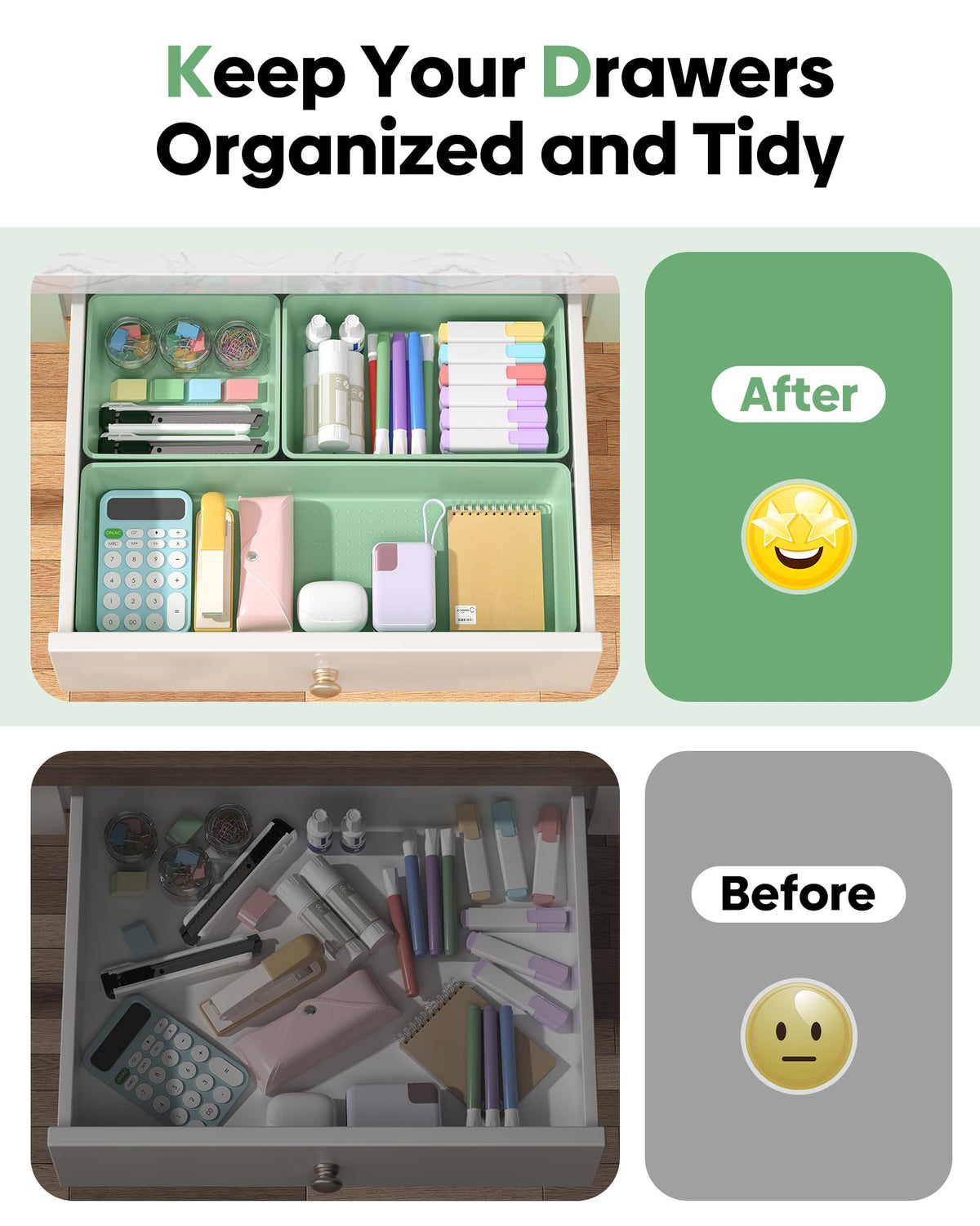 MLIKLU 10 Pack Large Size Plastic Drawer Organizers Set, 3 Sizes Desk Drawer Organizer Trays