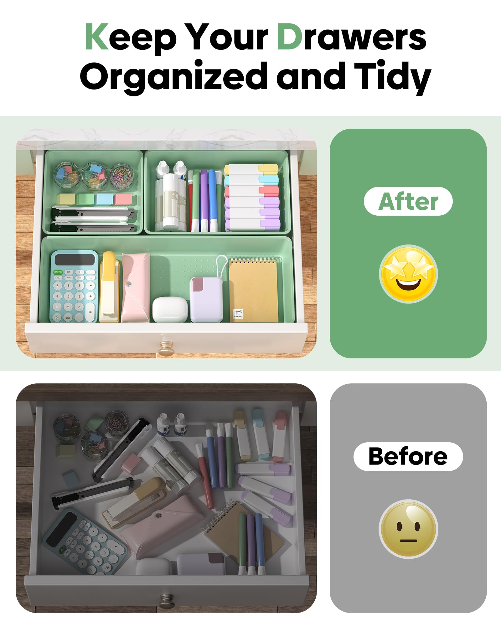 MLIKLU 10 Pack Large Size Plastic Drawer Organizers Set, 3 Sizes Desk Drawer Organizer Trays