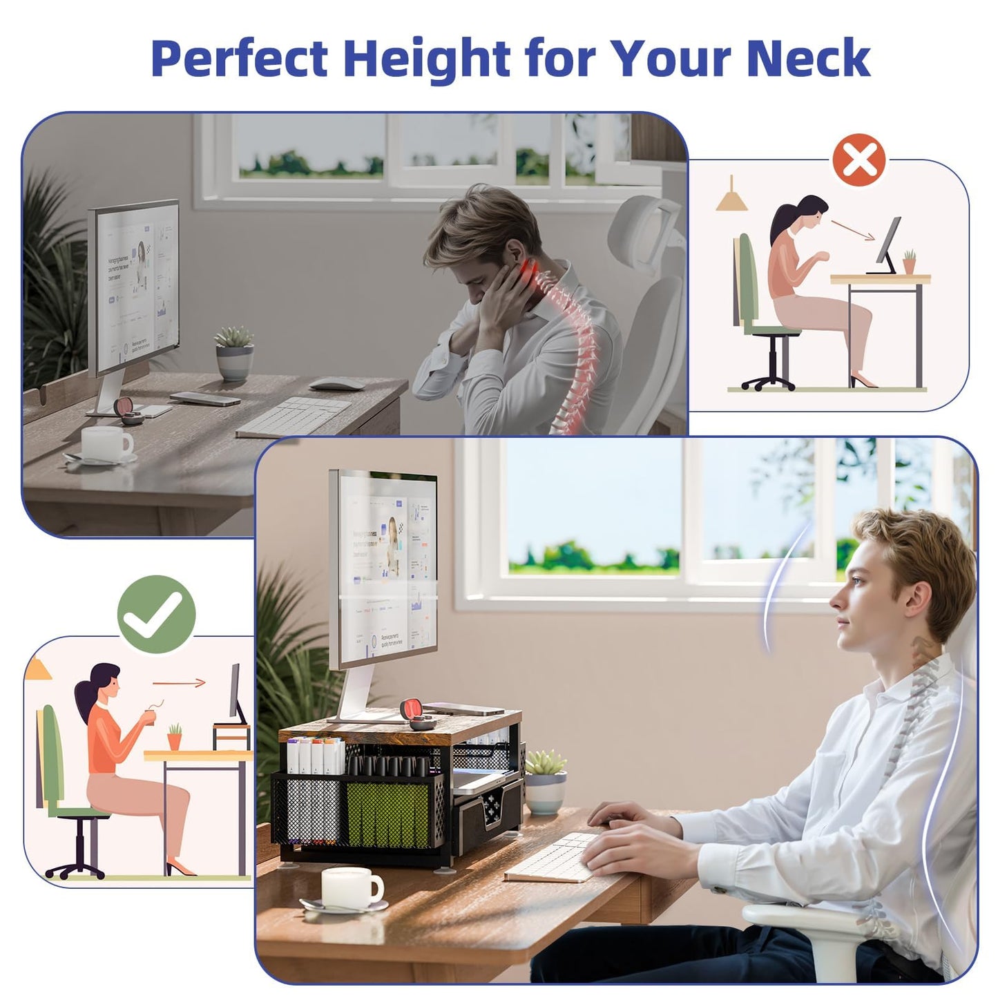 Simple Trending Monitor Stand with Drawer, 2-Tier Laptop Stand, Wood