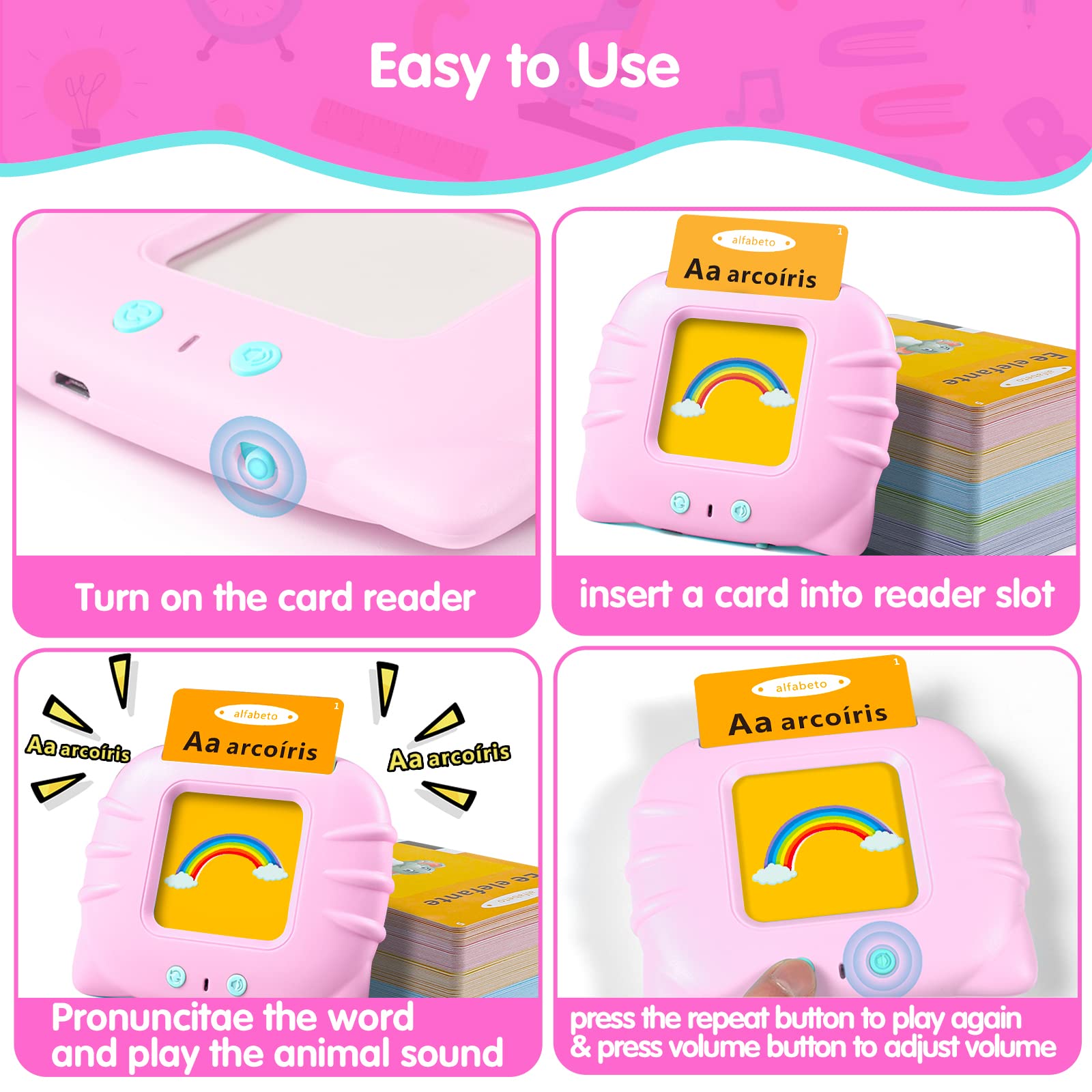 QuTZ ABC Learning Flash Cards for Toddlers 2-4 Bilingual Spanish English, Autism Toys, Speech