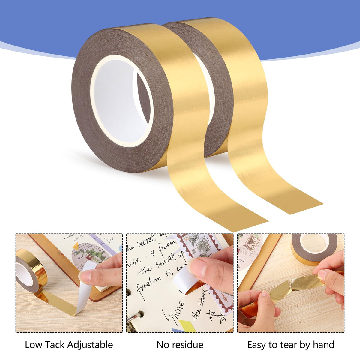 Fyguard Gold Washi Tape, 2 Rolls, 0.59 in x 65 Ft, Low Tack Foil