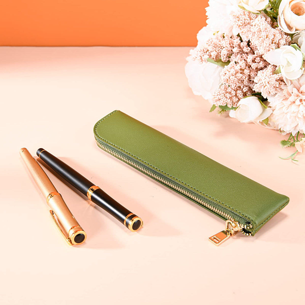 Sluxa Pencil case, Green PU leather pen case,Small pencil bag,Pen organizer for adults.…