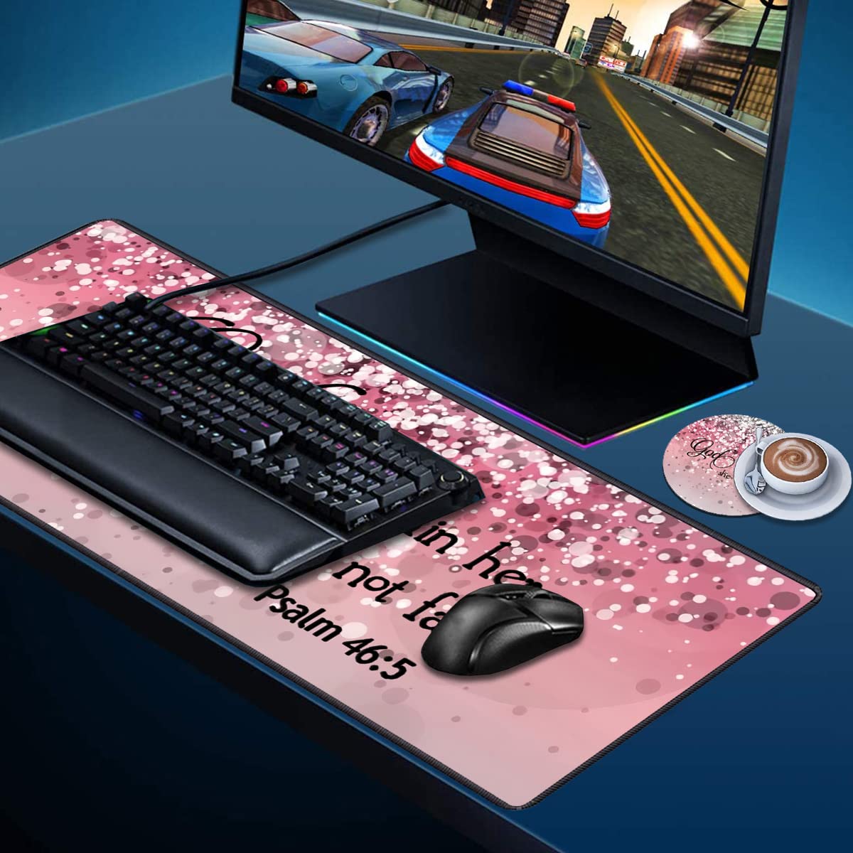 Desk Pad Mat Gaming Mouse Pads with Coasters, 31.5"x 11.8" XXL Large Computer Keyboard Mouse Mat