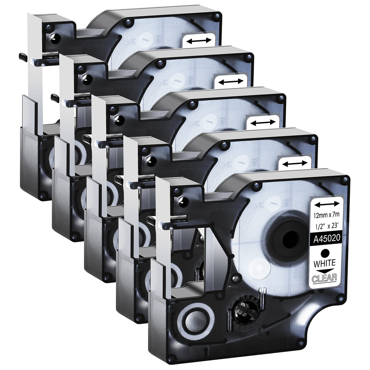 GREENCYCLE 5 Pack Compatible for DYMO D1 Label Maker Tape 45020 S0720600 White on Clear, 1/2 Inch x