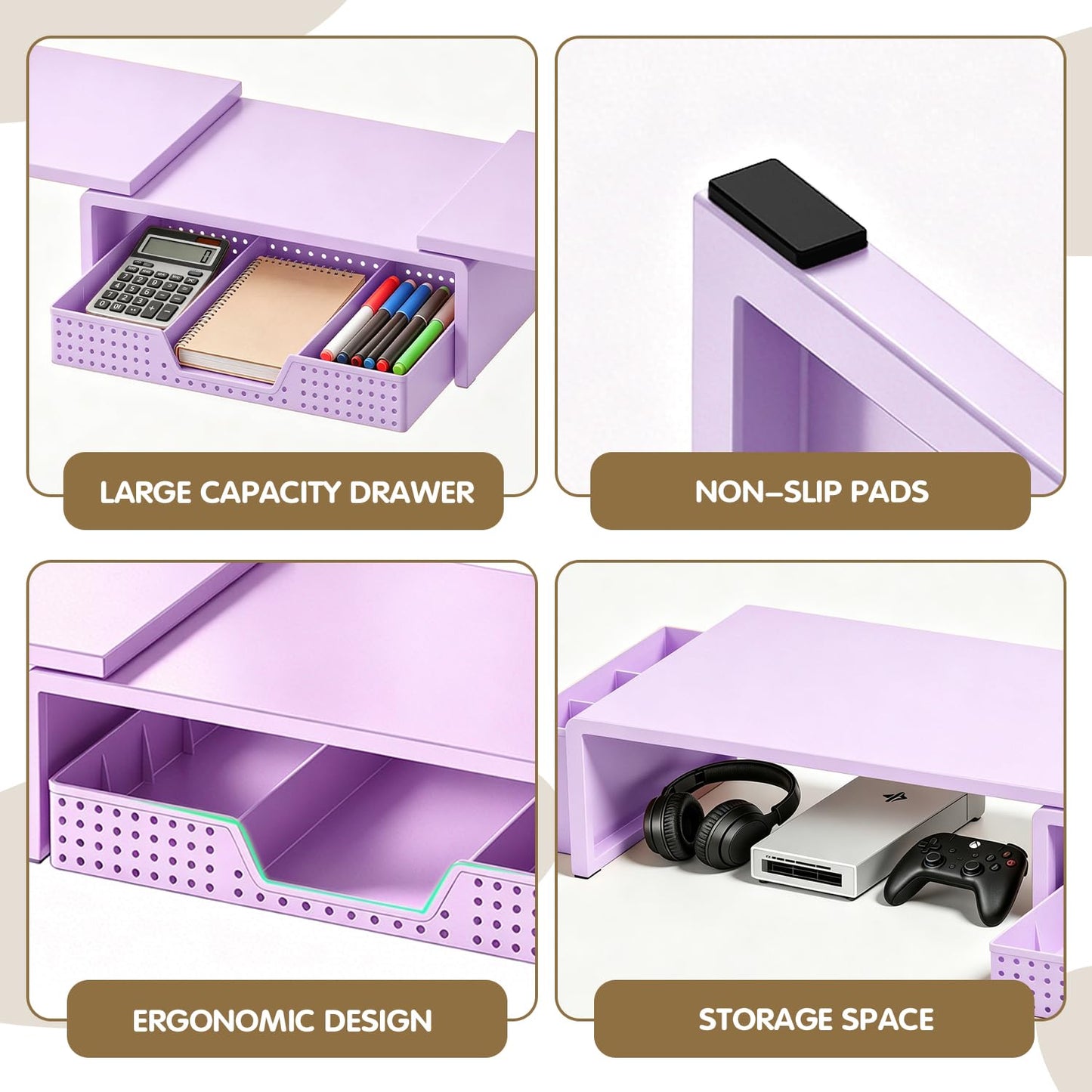 LEKETREE Dual Monitor Stand Riser with Drawer and 2 Pen Holders, Purple