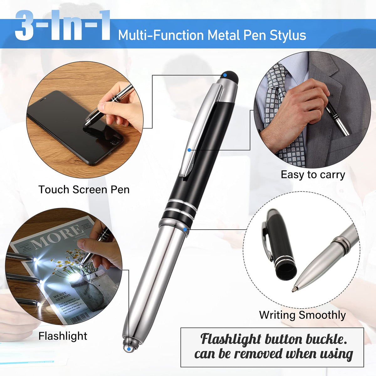 Zonon 15 Pcs Stylus Pen with Light, 3 in 1 Ballpoint Pens, Black