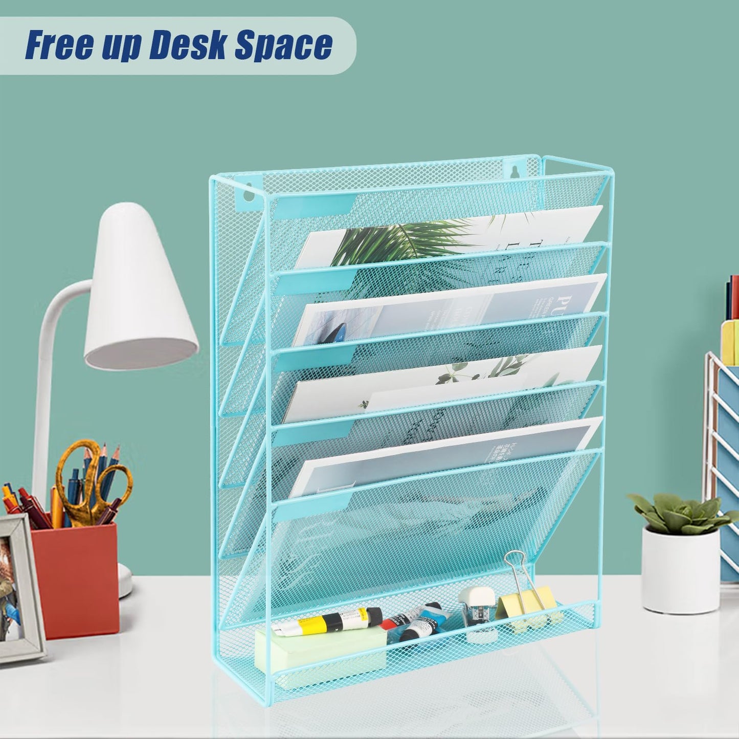 EASEPRES Desk File Organizer Mesh 6-Tier, Hanging Wall Mount Document Organization Stand, Desktop