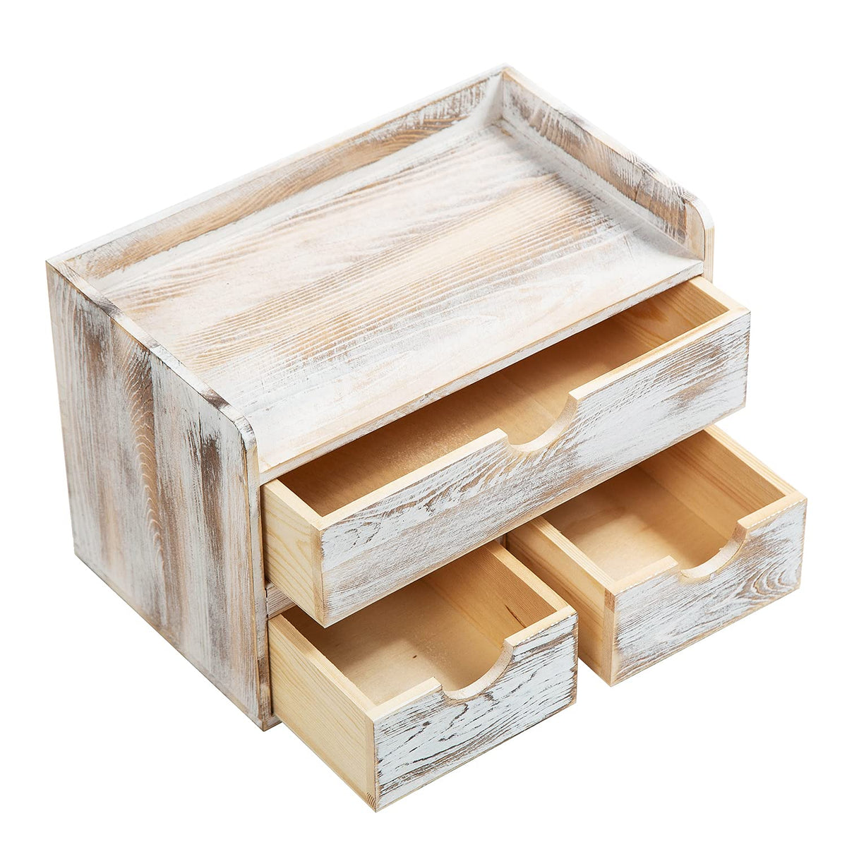 Rustic Distressed white 3-Tier Wood Desk Organizer with 3 Drawers Mini Storage Shelf For Desk