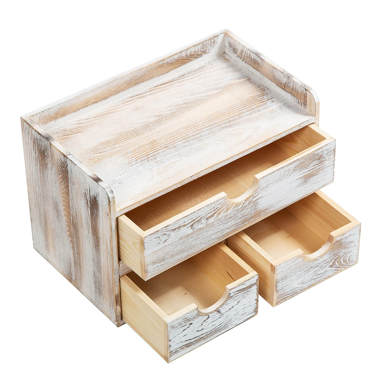 Rustic Distressed white 3-Tier Wood Desk Organizer with 3 Drawers Mini Storage Shelf For Desk