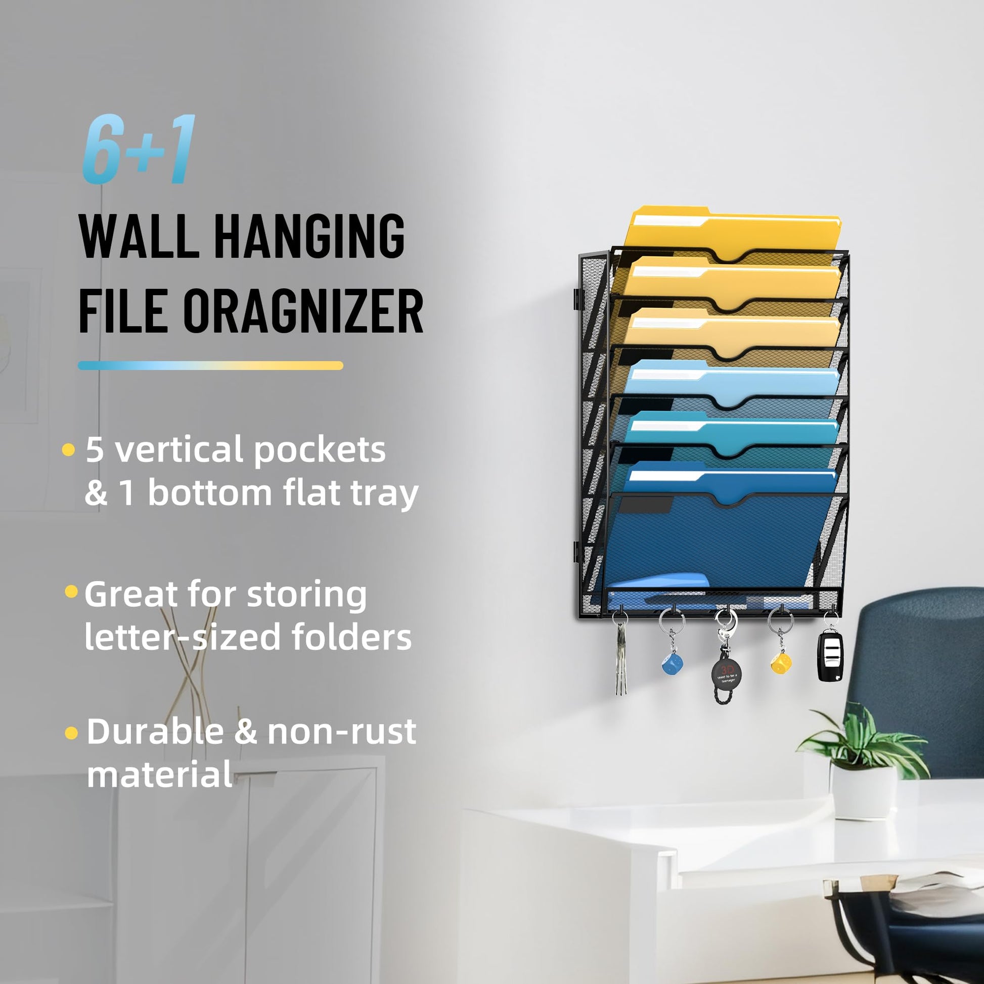 7-Tier Hanging Wall File Organizer with Hooks for Office Organization