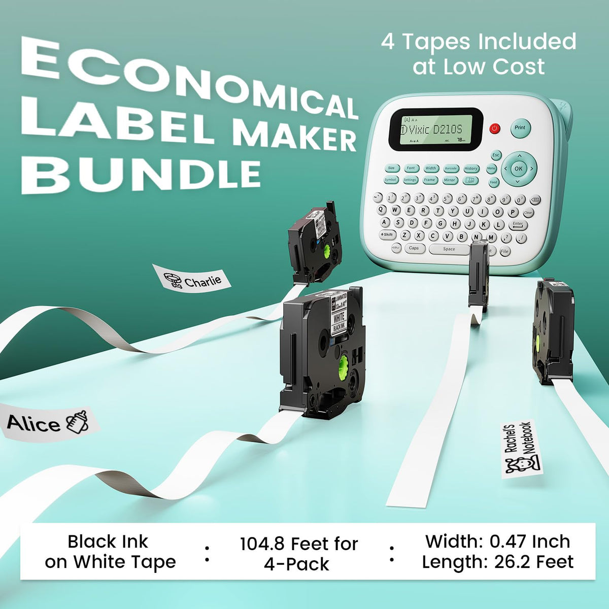 Vixic Label Maker, D210S Label Maker Machine with 4 Tapes, Keyboard Labeler