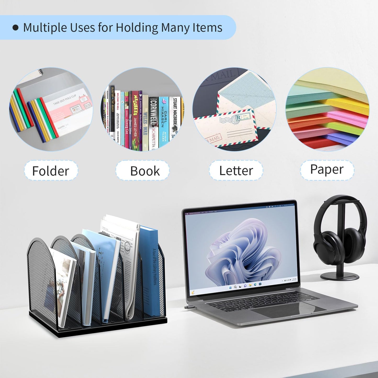 2 Pack Gawerk 5-Section Vertical Desktop Organizer, 5-Section Mesh File Folder Stand Sorter for