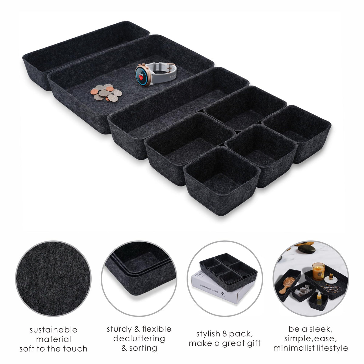Welaxy Minimalist Felt Desk Drawer Organizer 8-Piece Charcoal Storage Bins