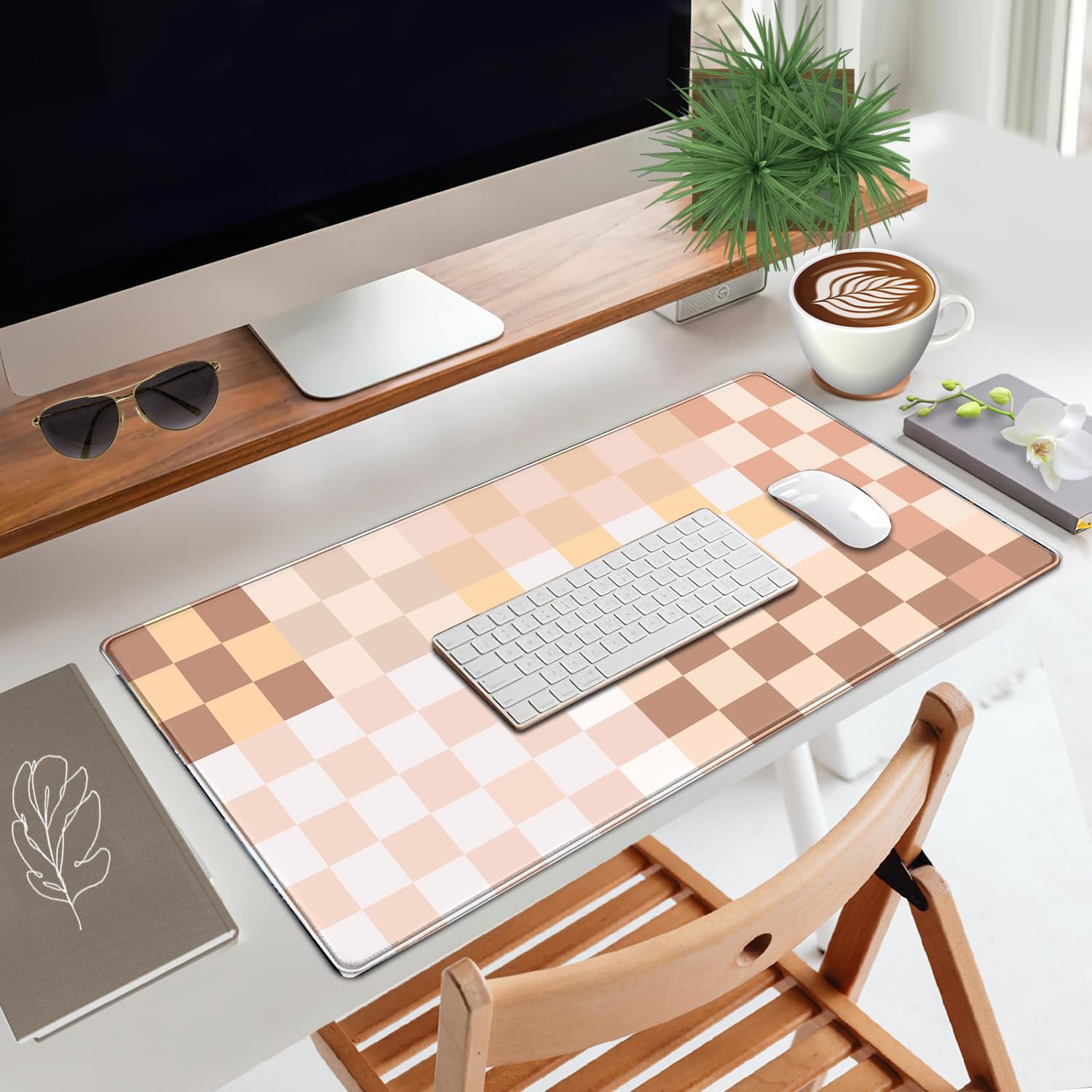 Checkered Boho Desk Mat Beige Pink Mouse Pad XXL Pastel Retro Large Mouse Pad with Stitched Edges