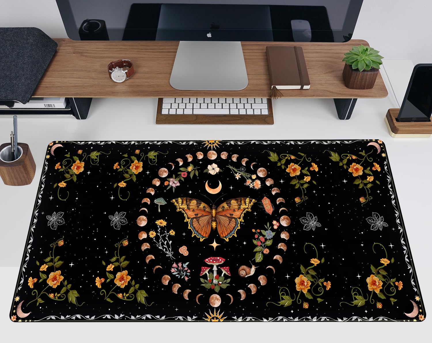 Moth Desk Pad Mushroom Phase Moon Phase Desk Mat, Boho Flowers and Leaves Computer Big Mouse Pad
