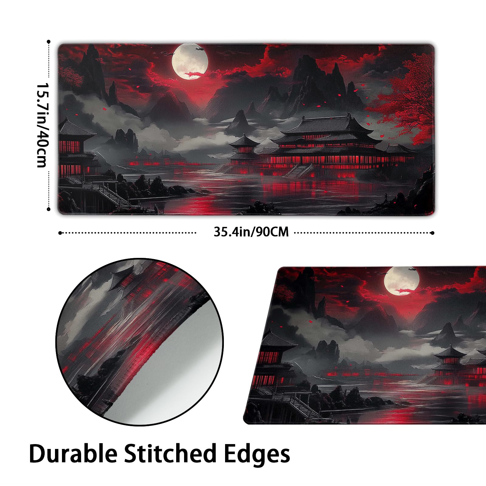 Japanese Mouse Pad Large Riverside Full Moon Desk Mat Black Red Mouse Pad Gaming 35.4"x15.7" Long