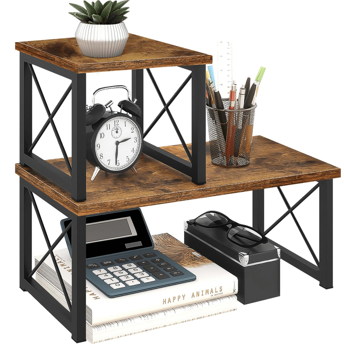 ELITEROO Wood Desktop Shelf, 2 Tier Adjustable Small Bookshelf Organizer