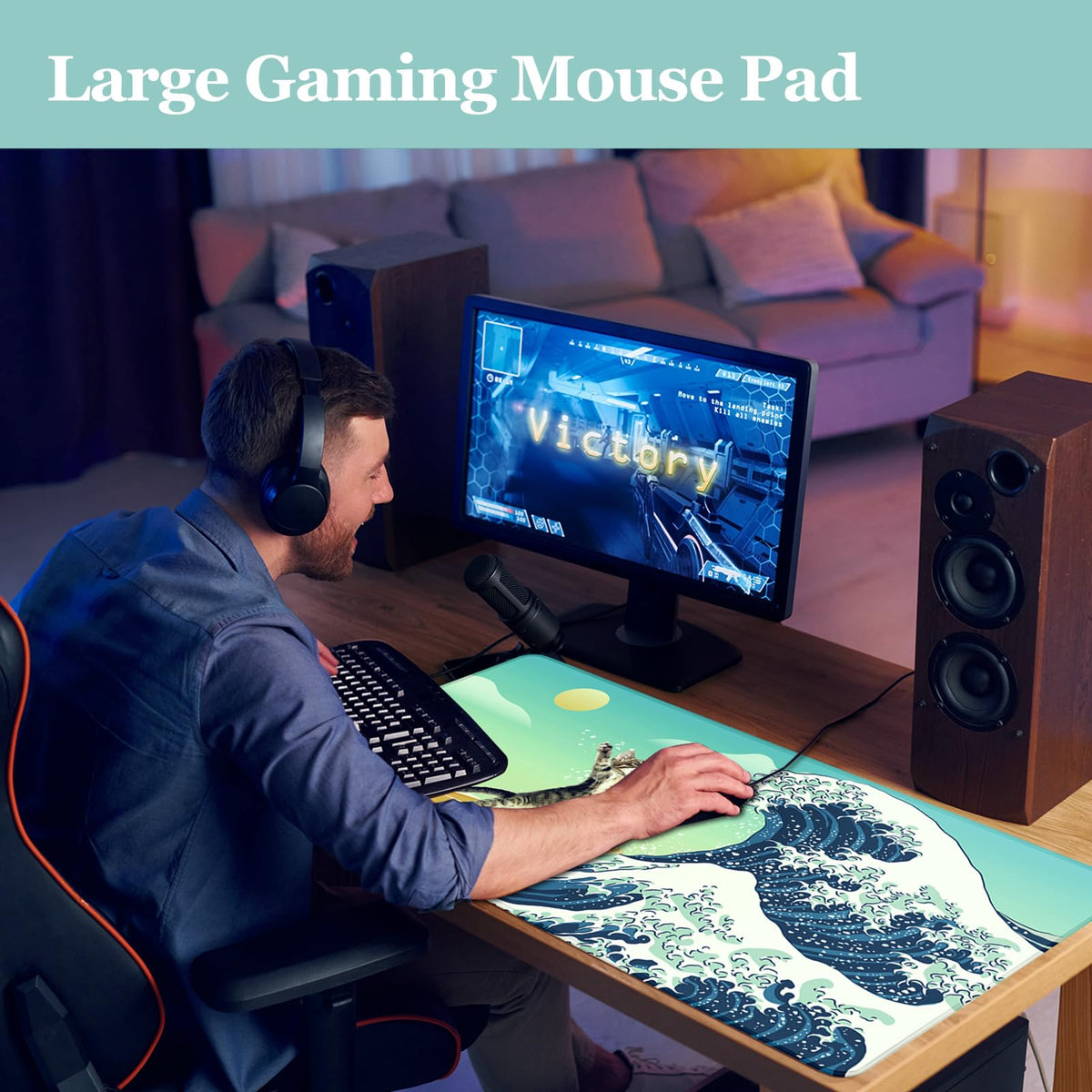 Funny Cat Desk Mat, Desk Matt for Desktop, Surfer Cat DeskPad Mat, XXL Large Mouse Pad for Desks