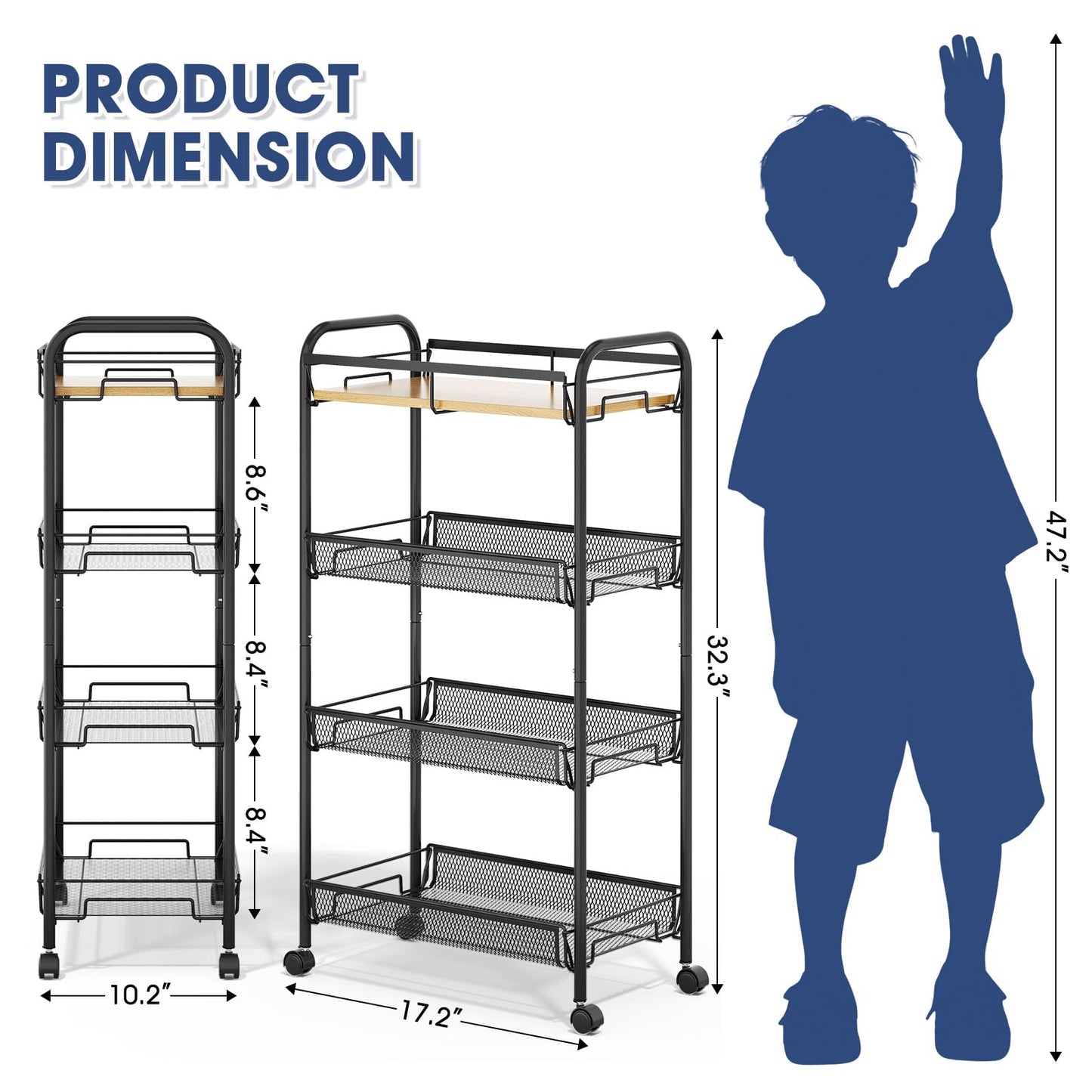 TOOLF 4-Tier Rolling Cart, Metal Utility Cart, Slide Out Storage Cart with Wooden Tabletop and Mesh