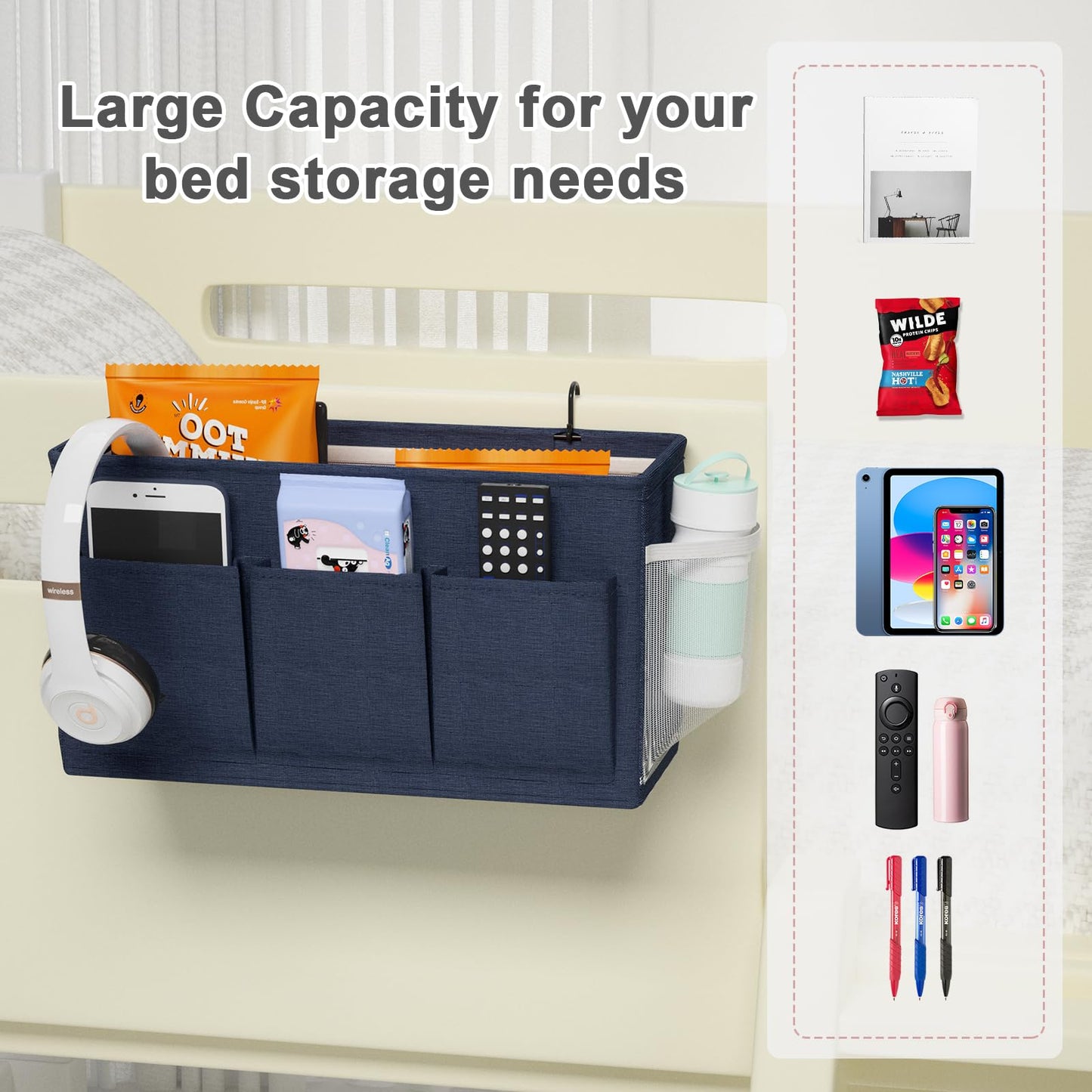 Bedside Caddy Storage Organizer for Bed Rails, Bed Caddy with 6 Pockets